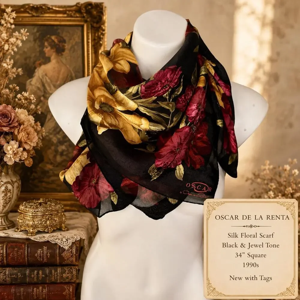 Vintage Oscar de la Renta Silk Scarf Black Jewel Tone Floral 1990s NWT